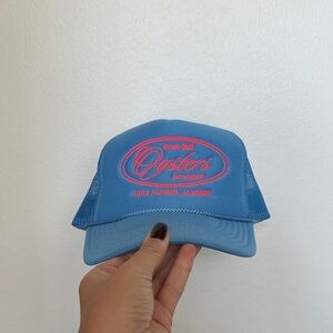 Ascot + Hart for Anthropologie Blue Trucker Hat with Red Embroidery